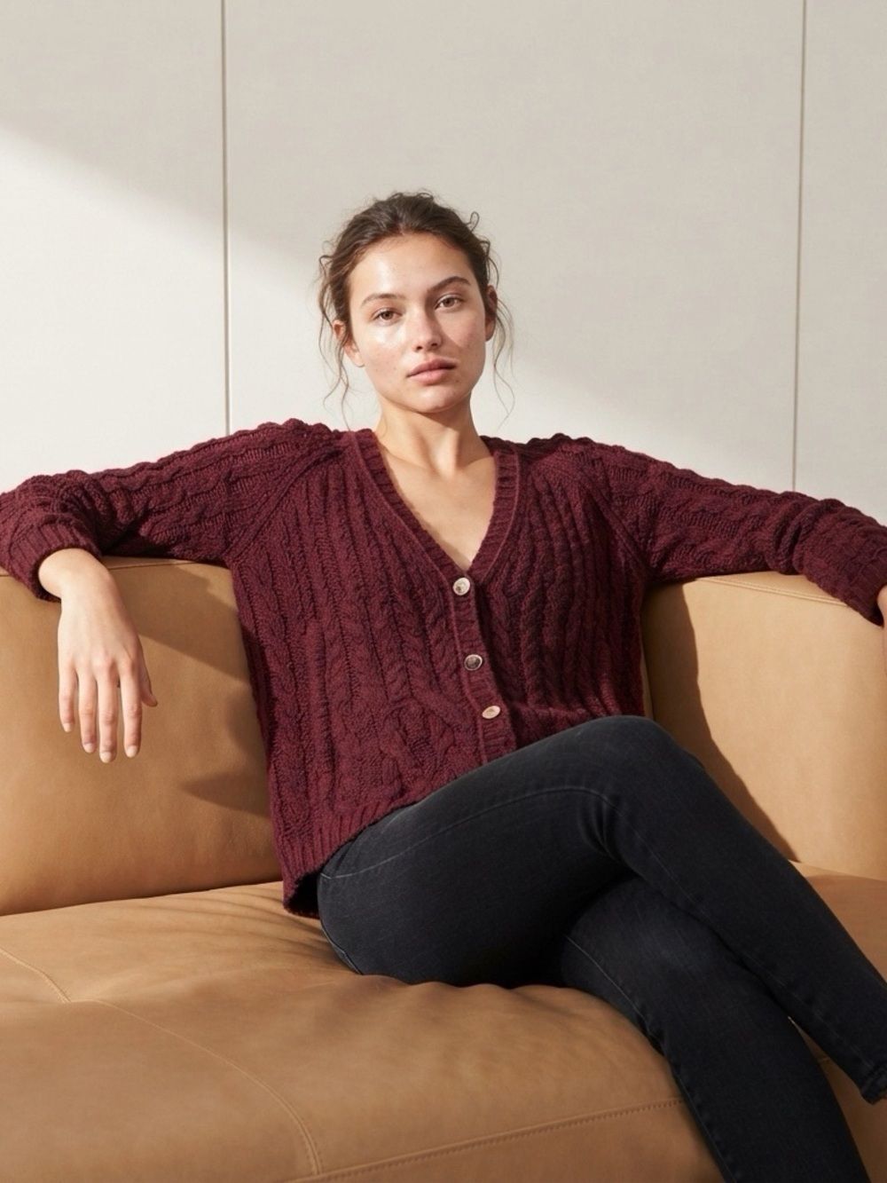Cable Knit Button up Oversized Cardigan Burgundy Pockets Free People